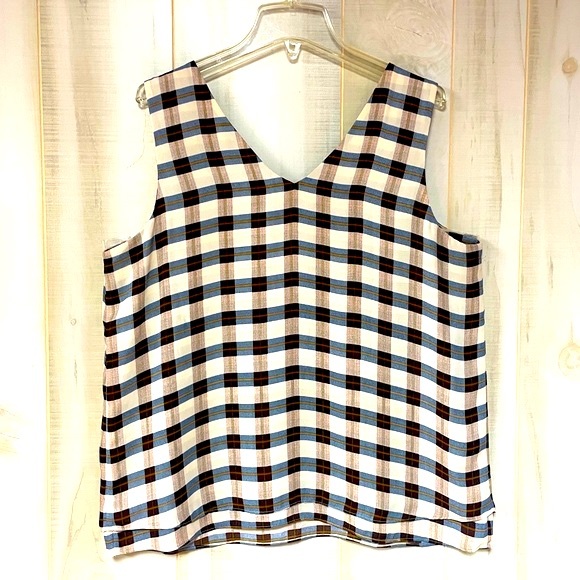 Ann Taylor Factory Brown Blue Beige Plaid V Neck Layered Hem Tank Top Sz L - Picture 1 of 5